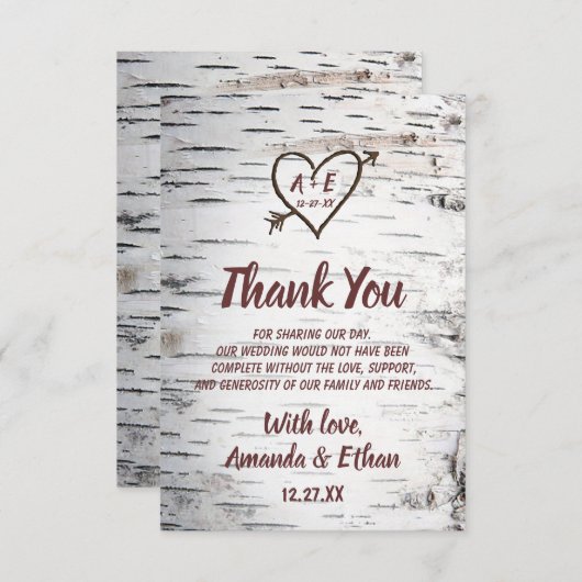 Carte De Remerciements Country Birch Tree Bark Heart Flèche Mariage rusti (Devant / Derrière)