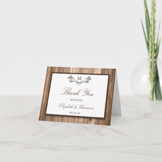 Carte De Remerciements Country Rustic Monogram Branche & Mariage bois (Devant)
