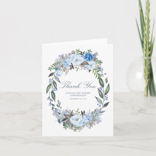 Carte De Remerciements Couronne de fleurs de mariage bleu poussiéreux Mer (Devant)