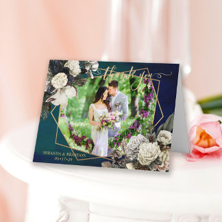 Carte De Remerciements Couronne de fleurs romantique en or pour photo de 