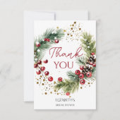 Carte De Remerciements Couronne de pins enneigés baies rouges d'hiver (Devant)