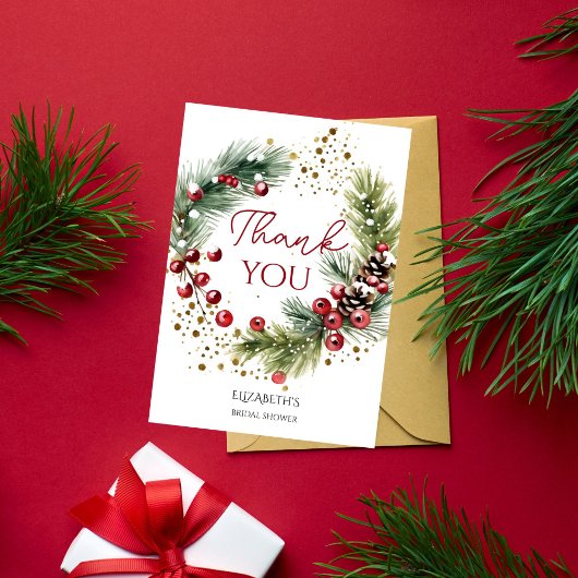 Carte De Remerciements Couronne de pins enneigés baies rouges d'hiver