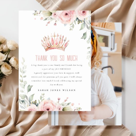Carte De Remerciements Couronne de princesse rose en forme de fleurs pour