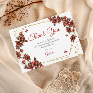 Carte De Remerciements Couronne de roses dorées rouges Papillons Quinceañ