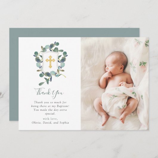 Carte De Remerciements Couronne d'eucalyptus | Baptême à l'aquarelle et p (Devant / Derrière)