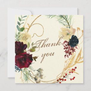 Carte De Remerciements Couronne florale aquarelle rouge Bourgogne or mari