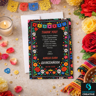 Carte De Remerciements Couronne florale de fête mexicaine noire en or Qui