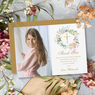 Carte De Remerciements Couronne florale de roses Confirmation Photo Écrit