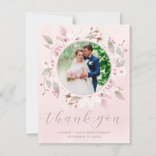Carte De Remerciements Couronne florale de roses rouge tendre Mariage Pho