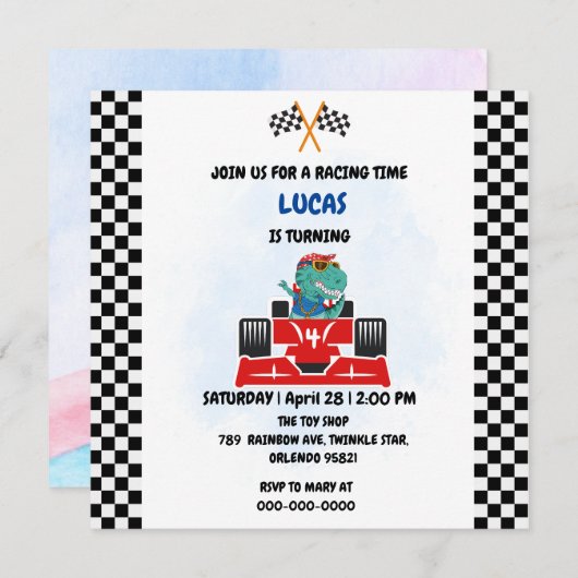 Carte De Remerciements Course de dinosaure d'anniversaire voiture garçon (Devant / Derrière)