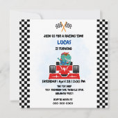 Carte De Remerciements Course de dinosaure d'anniversaire voiture garçon (Devant)