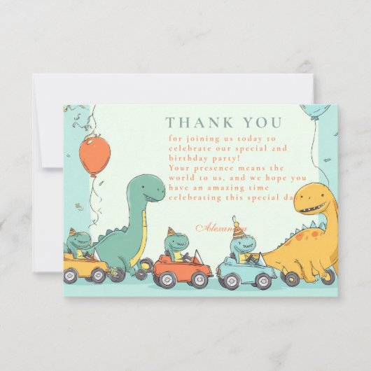 Carte De Remerciements Course de voiture de dinosaure 2e anniversaire (Devant)