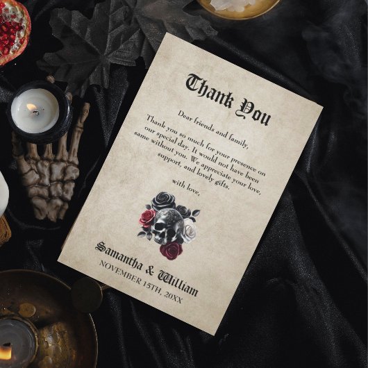 Carte De Remerciements Crâne floral rustique Élégant Mariage Halloween