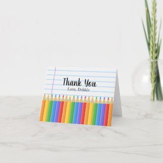 Carte De Remerciements Crayons de couleur arc-en-ciel Papier ligné Enseig