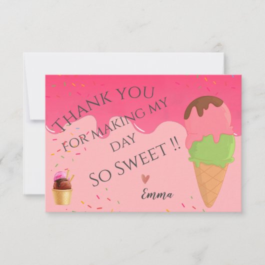 Carte De Remerciements Crème de glace rose thème Fille d'anniversaire pre (Devant)