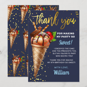 Carte De Remerciements Crème glacée au chocolat doux or Anniversaire bleu