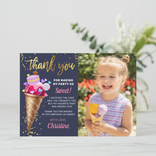 Carte De Remerciements Crème glacée rose or Anniversaire Marine Bleu Phot (Debout devant)