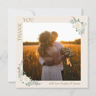 Carte De Remerciements Crème minimaliste moderne Gold Floral Mariage Phot