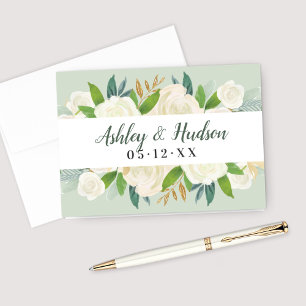 Carte De Remerciements Crème verte Or Floral Verdure Mariage Monogramme