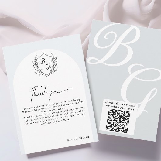 Carte De Remerciements Crest Monogram wedding QR-code photo album 