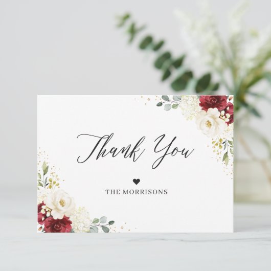Carte De Remerciements Crimson Rouge Blanc Floral Or Confetti Mariage (Debout devant)