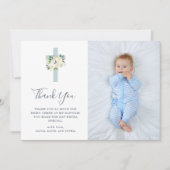 Carte De Remerciements Croix Bleue et Fleurs Blanches | Photo Boy Baptism (Devant)