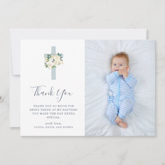 Carte De Remerciements Croix Bleue et Fleurs Blanches | Photo Boy Baptism (Devant)