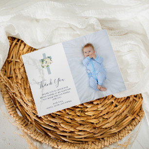 Carte De Remerciements Croix Bleue et Fleurs Blanches   Photo Boy Baptism