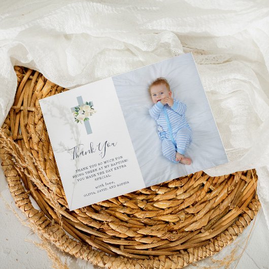 Carte De Remerciements Croix Bleue et Fleurs Blanches | Photo Boy Baptism