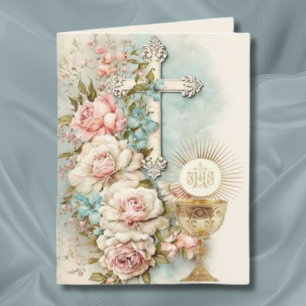 Carte De Remerciements Croix de calice florale de première communion vint