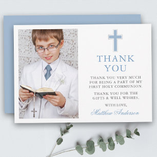 Carte De Remerciements Croix de Première Sainte Communion Photo Bleu Clai