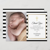 Carte De Remerciements Croix d'or Baptême rayé Christening Photo (Devant / Derrière)