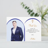 Carte De Remerciements Croix d'or bleu marine (Debout devant)