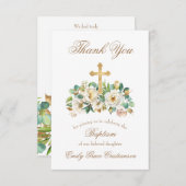 Carte De Remerciements Croix d'or et baptême blanc floral (Devant / Derrière)