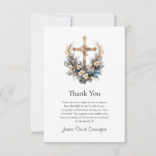 Carte De Remerciements Croix d'or et fleurs Funérailles catholiques romai