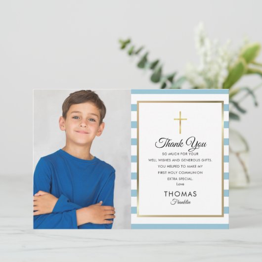 Carte De Remerciements Croix d'or rayée bleue Première communion sainte P (Debout devant)
