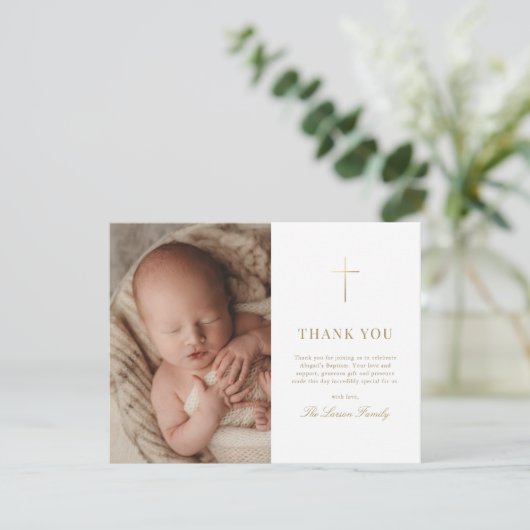 Carte De Remerciements Croix d'or simple élégant Baptême Christening (Debout devant)