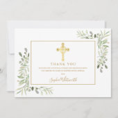 Carte De Remerciements Croix d'or vert Baptême Christening Photo (Devant)