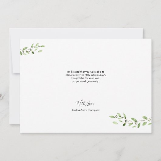 Carte De Remerciements Croix dorée Feuilles aquarelles vertes Première co (Dos)