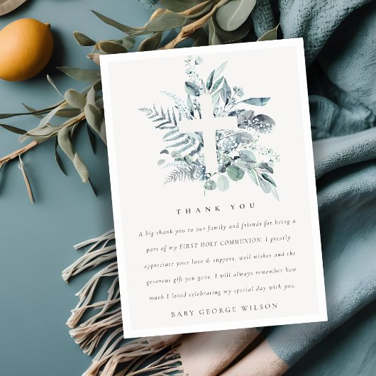 Carte De Remerciements Croix du feuillage Eucalyptus Première communion s