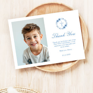 Carte De Remerciements Croix florale minimaliste Première communion Photo