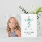 Carte De Remerciements Croix florale sarcelle Première Sainte Communion M (Debout devant)