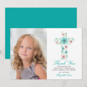 Carte De Remerciements Croix florale sarcelle Première Sainte Communion M (Devant / Derrière)