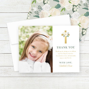 Carte De Remerciements Croix florale verte et or Première communion Photo