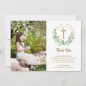 Carte De Remerciements Croix photo de la première communion Eucalyptus (Devant)