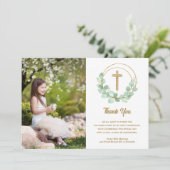 Carte De Remerciements Croix photo de la première communion Eucalyptus (Debout devant)