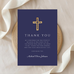 Carte De Remerciements Croix Religieuse Bleu Marine Élégante Confirmation