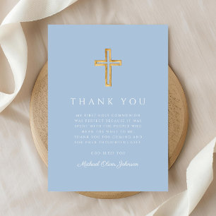 Carte De Remerciements Croix Religieuse Bleue Élégante Première Communion