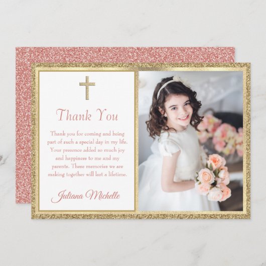 Carte De Remerciements Croix religieuse en or pour la première communion (Devant / Derrière)