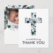 Carte De Remerciements Croix religieuse Florale bleue Photo (Devant / Derrière)